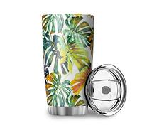 GeRRiT Gobelet isotherme à double paroi en acier inoxydable avec couvercle - Motif feuilles de Monstera colorées - Pour boissons glacées, boissons chaudes - 591 ml