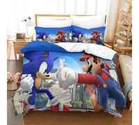 Gerrit Sonic Vs Mario Housse De Couette 200x200 cm Parure De Lit 200x200 cm 3D Imprimé Doux Microfibre Housse Couette avec Taies d'oreiller Et Éclair pour Enfants Et Adultes