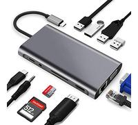 GERUI Hub USB-C, station d'accueil, adaptateur USB-C 11 en 1 avec HDMI 4K, VGA, port USB 3.0, port USB-C, Ethernet RJ45, carte SDTF, AUX 3,5 mm, compatible avec MacBook Pro/Air
