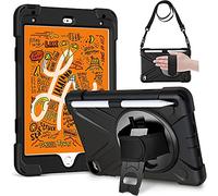 Gerutek Coque Antichoc pour iPad Mini 5ème 2019 / Mini 4ème 2015 7.9", Noir | A2133 A2124 A2126 A2125 A1538 A1550, 7.9 Pouces Étui Armure Robuste avec Support Rotatif Dragonne et Bandoulière Porte-Stylet