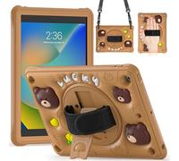 Gerutek Coque Enfant pour iPad 9ème/8ème/7ème Génération, iPad (2021/2020/2019), iPad 10,2 Pouces, Étui Armure Robuste avec Support pivotant à Bouton-Poussoir, Dragonne et Bandoulière Réglable, Brun