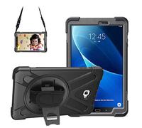 Gerutek Coque pour Galaxy Tab A 10.1 2016 T580 T585, Antichoc Armure Robuste Étui avec Support Rotatif à 360 Degrés, Dragonne et Bandoulière Réglable TPU + PC Housse pour Galaxy Tab A6 T580/T585, Noir
