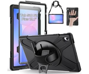 Gerutek Coque pour Galaxy Tab S10 FE Plus 13.1 avec Protection d'écran Noir | SM-X620/X626B, Coque Antichoc pour Samsung Tab S10 FE+ 13.1 Pouces, avec Support Rotatif Dragonne et Bandoulière Porte-Stylet