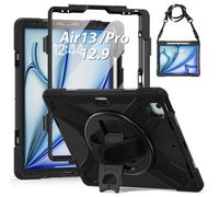 Gerutek Coque pour iPad Air 13 Pouces M4/M3/M2 avec Protection d'écran Noir | 2026/2025/2024, iPad Pro 12.9" 6ème/5ème/4ème/3ème, Coque Antichoc avec Support Rotatif, Dragonne et Bandoulière Porte-Stylet
