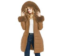 Geschallino Doudoune en Cuir pour Femme, Manteau Long Matelassé à Bulles Tendance avec col Amovible en Fausse Fourrure SS804 Marron XL
