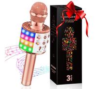 GeschenPark Micro Enfant avec Lumière LED, Cadeau Anniversaire Fille 3-10 Ans Micro Karaoké Microphone, Micro Karaoke Jouet Cadeaux de Noël pour Enfants Fille Adulte, Compatible avec Android/iOS/PC