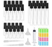 GESDYO Lot de 30 mini vaporisateurs de parfum en verre rechargeables - 3 ml, 5 ml, 10 ml - Avec autocollant, pipette et seringue - Convient pour les excursions, les bouteilles de parfum
