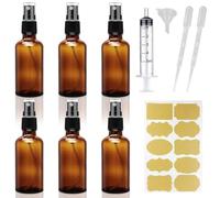 GESDYO Lot de 6 flacons pulvérisateurs de 50 ml en verre ambré - Rechargeables - Avec entonnoir et autocollant pour huiles essentielles, parfums