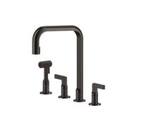 Gessi INCISO Monogetto Black Metal Brushed PVD - 58703#707 Mitigeur Évier | Mitigeur 4 trous en laiton, finition noir métal brossé PVD, douchette extractible, bec pivotant 120°, hauteur 31,5 cm