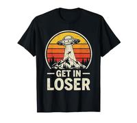 Get in Loser UFO Alien Abduction Montagne Coucher de Soleil Rétro Humour T-Shirt