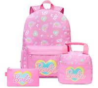 Get Trend Barbie Grand Sac a Dos Fille Set, 3 Pcs avec 46 cm Sac à Dos, Sac Isotherme Repas et Trousse Scolaire, Fournitures Scolaires Cadeau Fille (Rose Barbie)