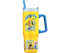 Get Trend Bob L'éponge Double Acier Inoxydable Gobelet Isotherme 920 ml, Anti Fuite Mug Isotherme avec Poignée et Paille, 42H Glace, 12H Froid et 8H Chaud, Sans BPA Gourde (Jaune SpongeBob)