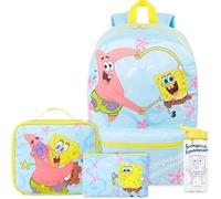 Get Trend Bob L'éponge Sac a Dos Enfant Set, 4 Pcs Grand Cartable 46cm, Sac Isotherme Repas, Trousse Scolaire et sans BPA Gourde avec Paille (Bleu Clair/Jaune Spongebob)