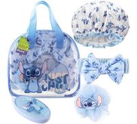 Get Trend Disney Stitch Trousse de Toilette et Coffret Accessoires Douche Femme Ado Fille, Brosse à Cheveux Bonnet de Bain Bandeau Éponge, Idée Cadeau (Bleu Stitch)
