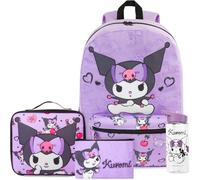 Get Trend Hello Kitty Kuromi Sac a Dos Fille Set, 4Pcs Cartable, Trousse Scolaire, Sac Isotherme Repas et 500ml sans BPA Gourde Air Up (Multicolore Kuromi)