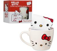 Get Trend Hello Kitty Sanrio Mug et Chaussettes Coffret Cadeau Femme et Ado, Tasse Céramique 340ml, Chaussettes Colorées Kuromi Cinnamoroll (Blanc Hello Kitty)