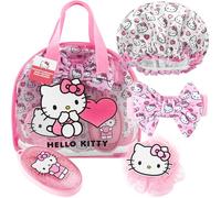 Get Trend Hello Kitty Sanrio Trousse de Toilette et Coffret Accessoires Douche Femme Ado Fille, Brosse à Cheveux Bonnet de Bain Bandeau Cheveux Éponge (Rose Hello Kitty)