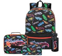 Get Trend Hot Wheels Sac a Dos Garcon Set, 4 Pcs Grand Cartable Enfant 46cm, Sac Isotherme Repas, Gourde sans BPA et Trousse Scolaire, Cadeau Garcon (Multi Hot Wheels)