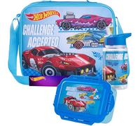 Get Trend Hot Wheels Sac Isotherme Repas Boîte à Goûter Gourde Enfant 400ml Set Déjeuner 3 Pièces Garçon Sans BPA École Voyage Pique Nique (Bleu Hot Wheels)