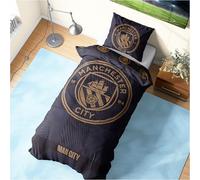 Get Trend Manchester City FC Parure de Lit 1 Personne, Réversible Housse de Couette avec Taie Oreiller, Literie pour Chambre (Noir Manchester City, Simple)