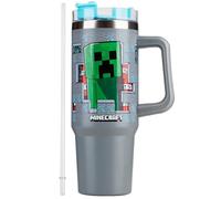 Get Trend Minecraft Gobelet Isotherme Enfant 840ml avec Paille et Poignée, Mug Double Paroi Thermique, Voyage École, Boissons Chaudes ou Froides (Gris Minecraft)