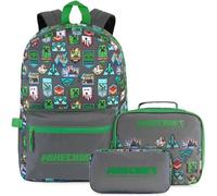 Get Trend Minecraft Sac a Dos Enfant et Ados Set, 3 Pièces avec Sac à Dos, Sac Isotherme Repas et Trousse Scolaire, Cadeau Garcon (Gris/Vert Minecraft)
