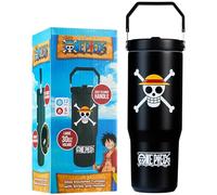Get Trend One Piece Gourde Isotherme Enfant Adulte avec Paille et Poignée 850ml, Mug Voyage Tasse Café Thermos Chaud Froid Bouteille Inox (Noir One Piece)