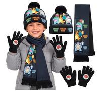 Get Trend Pokemon Ensemble Gant, Écharpe et Bonnet ou Gant et Bonnet Enfant | 2 ou 3 Pièces Ultra Doux Bonnet Pompon, Écharpe Chaude Hiver et Gant Enfant, Cosy et Tricot, Anime Cadeau Enfant 6 à 14 Ans