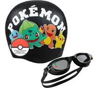 Get Trend Pokemon Lunettes de Natation et Bonnet de Bain Enfant Anti Buée Protection UV Sangle Réglable Piscine Accessoire (Noir Pokemon, 4-12 Ans)