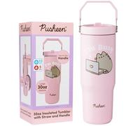 Get Trend Pusheen Gourde Isotherme Enfant Adulte avec Paille et Poignée 850ml, Mug Voyage Tasse Café Thermos Chaud Froid Bouteille Inox (Rose Pusheen)
