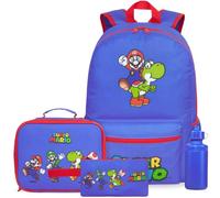 Get Trend Super Mario Sac a Dos Enfant Set, 4Pcs Cartable, Sac Isotherme Repas, sans BPA Gourde Sport et Trousse Scolaire, Cadeau Enfant (Bleu Super Mario)