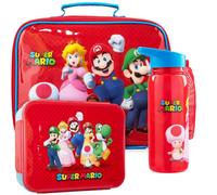 Get Trend Super Mario Sac Isotherme Repas Enfant Set, 3 Pièces Lunch Bag Isotherme 5L, Boite Repas 2L et BPA Gourde avec Paille 640 ml, pour École ou Pique Nique, Cadeau Enfant (Rouge/Multi Mario)