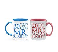 Getagift China Anniversary 20 Years of Being Mr Right & Mrs Always Right Lot de 2 tasses colorées pour mariage, Saint-Valentin, couple