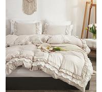 GETIYA Parure de lit de luxe 220 x 240 cm, 3 pièces, blanc ivoire exquis, volant, linge de lit pour homme et femme, en microfibre douce, housse de couette avec volant, décoration matrimoniale