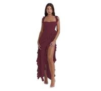 GETMINT Robe longue moulante à bretelles spaghetti et col carré dos nu pour femme, rouge vin, S