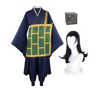 Geto Suguru Costume de moine bleu marine avec perruque et royaume de prison | JJK Character Outift Ensemble d'accessoires de perruque, style moine marine, cosplay d'Halloween, spectacle de scène de