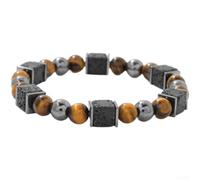 Gettimore Bracelet œil doré carré 8 mm pierre volcanique unisexe | 99 % de pierres volcaniques naturelles, pour une finition mate robuste pour une finition noire, construction, texture unique