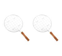 Gettimore Lot de 2 grilles rondes en acier inoxydable avec poignée en bois pour cuisine en plein air, pique-nique, grillade poisson, viande, roti et papad, 32,5 x 19 cm