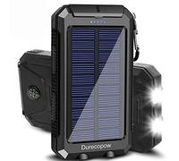 Getue Solar Charger, Durecopow 20000mAh Portable Outdoor Waterproof Solar Power Bank, Camping External Backup Battery Pack Dual 5V USB Ports Output, 2 LED Light Flashlight with Compass (Black)