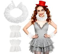 GEVECORI Déguisement Clown Femme & Set de Collerette Clown, Accessoire Carnaval - Col Fraise à Volants en Dentelle, Pierrot, Arlequin, Pennywise & Manchettes Lolita