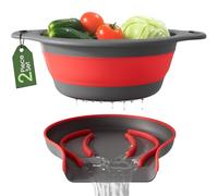 Gevoli Lot de 2 grandes passoires pliables avec base auto-drainante - Passoire en plastique pour le bord de l'évier de cuisine, rouge