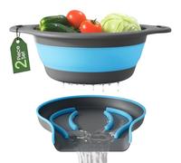 GEVOLI Lot de 2 Grandes Passoires Pliables avec Base Auto-Drainante - Passoires en Plastique pour Bord d’Évier de Cuisine, Bleu