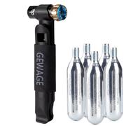 GEWAGE Pompe CO2 Vélo - Gonfleur CO2 Compact avec 2 Démonte-Pneus et 5 Cartouches CO2 de 16 g, Compatible avec Cartouches Filetées 12 g/16 g/25 g, pour Valves Presta et Schrader (Black)