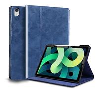 Gexmil Coque pour iPad Air 10,9 Pouces Cover,5ème/4ème Génération(2022/2020) Étui en Cuir Véritable avec Connectivité Apple Pencil,Sommeil/Réveil Automatique,Stand Réglable,Huile Cire Cuir Bleu