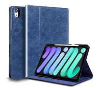 Gexmil Coque pour iPad Mini 8,3 Pouces Cover,6ème Génération(2021) Étui en Cuir Véritable avec Connectivité Apple Pencil,Sommeil/Réveil Automatique,Stand Réglable,Antidérapant,Huile Cire Cuir Bleu