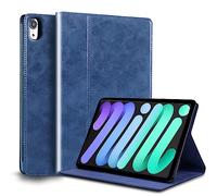 Gexmil Coque pour iPad Mini 8,3 Pouces Cover,6ème Génération(2021) Étui en Cuir Véritable,Sommeil/Réveil Automatique,Stand Réglable,Antidérapant,Anti-Empreinte Digitale,Huile Cire Cuir Bleu
