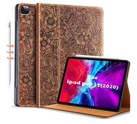 Gexmil Coque pour iPad Pro 11 Pouces Cover,4ème/3ème/2ème/1ème Génération(2022/2021/2020/2018) Étui en Cuir Véritable,Sommeil/Réveil Automatique,Stand Réglable,Antidérapant,Fleurs Brun