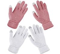 Geyoga 2 Pairs Women's Winter Touch Screen Gloves Soft Warm Fleece Lined Knit Elastic Cuff Winter Texting Gloves(White, Pink)