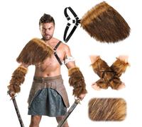 Geyoga 3 Pièces Costume de Viking pour Homme Armure d'Épaule Médiévale en Fausse Fourrure Viking Manchettes Fausse Fourrure Enveloppe Médiéval Cape Brassards Chauffe-Mains Halloween(Marron Foncé)