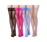 Geyoga 4 Paires Bas Cuisse Transparent Dentelle (Noir, Rose Rouge, Café, Bleu Royal)